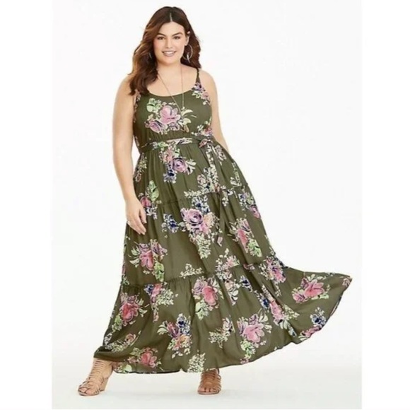 torrid Dresses & Skirts - Torrid Green Floral Tiered Challis Maxi Dress